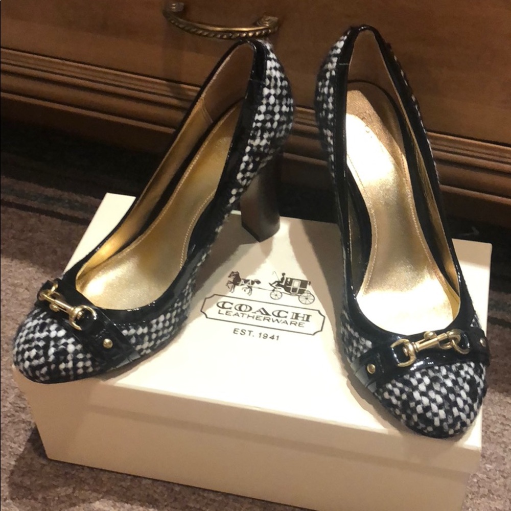 Authentic COACH Tweed black and white pumps.